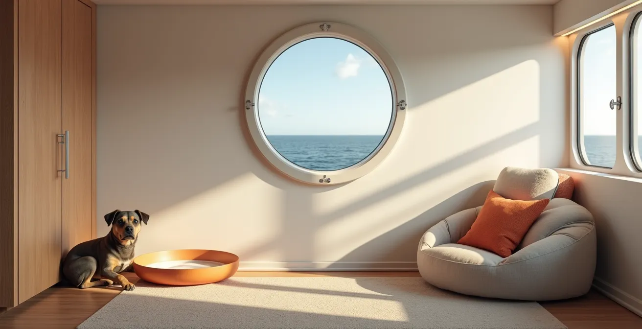 Gemütliche Fährkabine mit Hundedecke und Napf