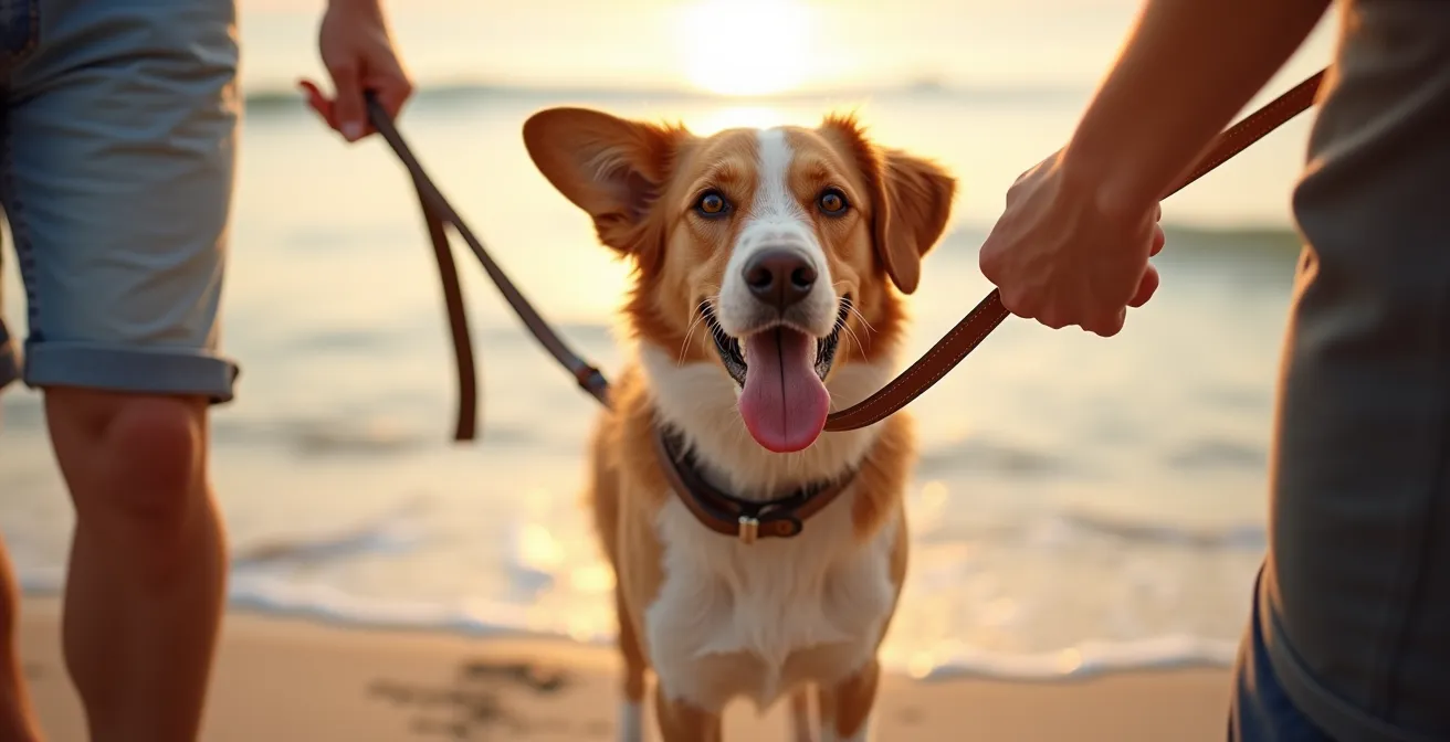 Hund läuft freudig am Strand nach der Fährfahrt